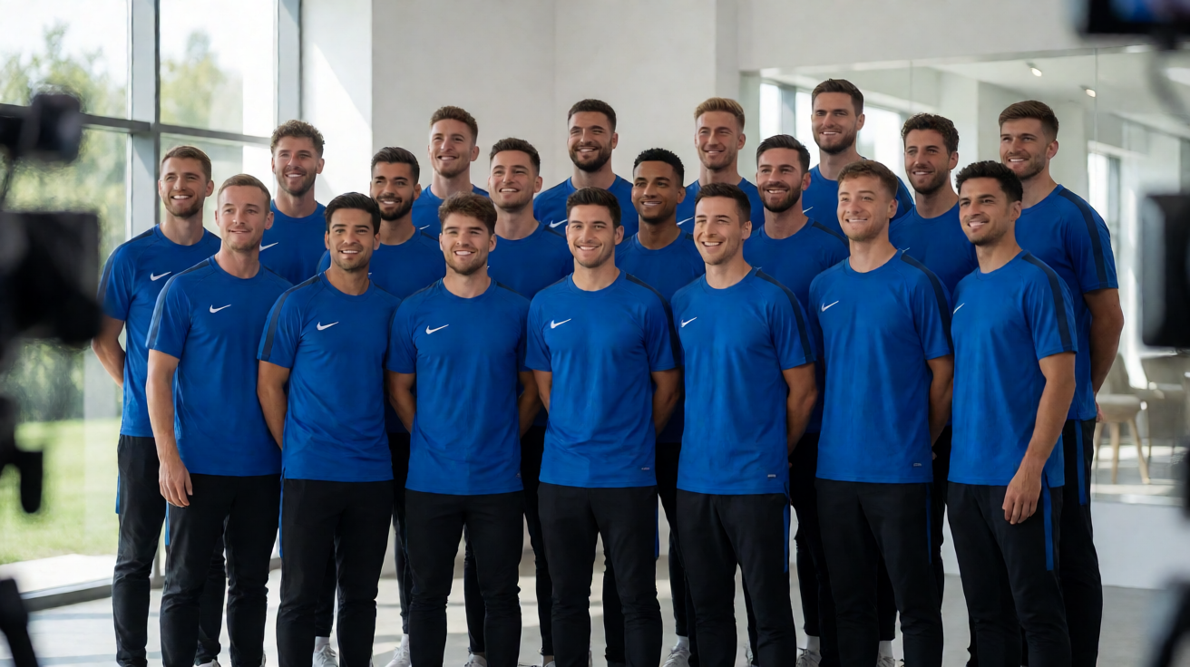 身穿蓝色球衣的足球球队合影